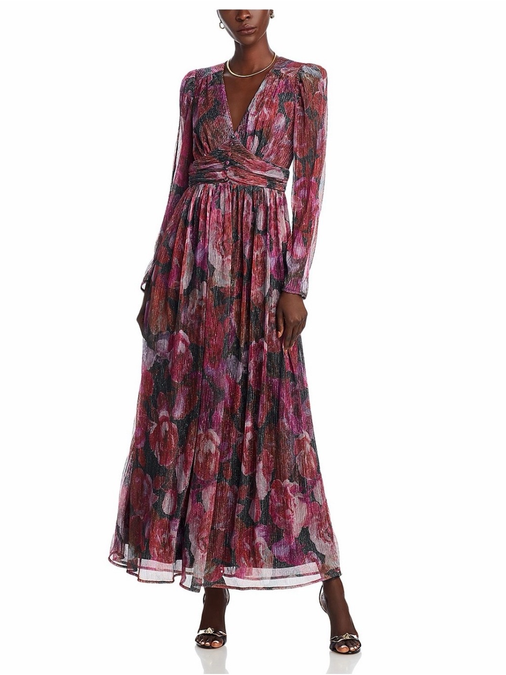 Aqua Pink Floral Long-Sleeve Wrap Maxi Dress